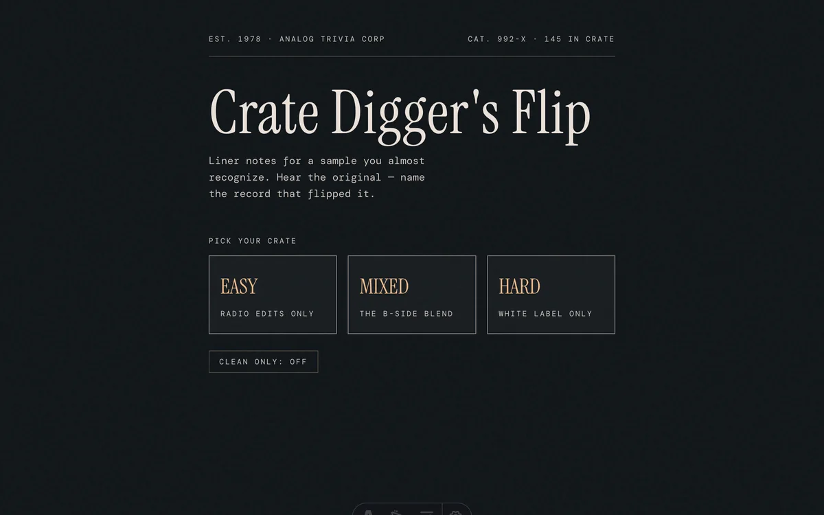 Crate Digger's Flip — pick your crate: Easy, Mixed, or Hard